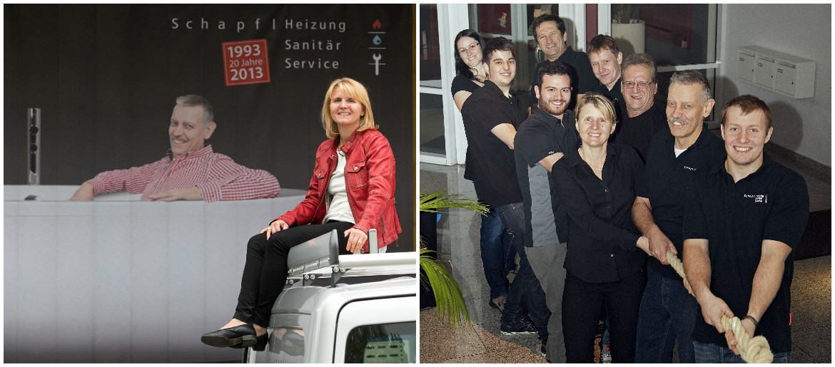 Schapfl Team mit Servicefahrzeugen