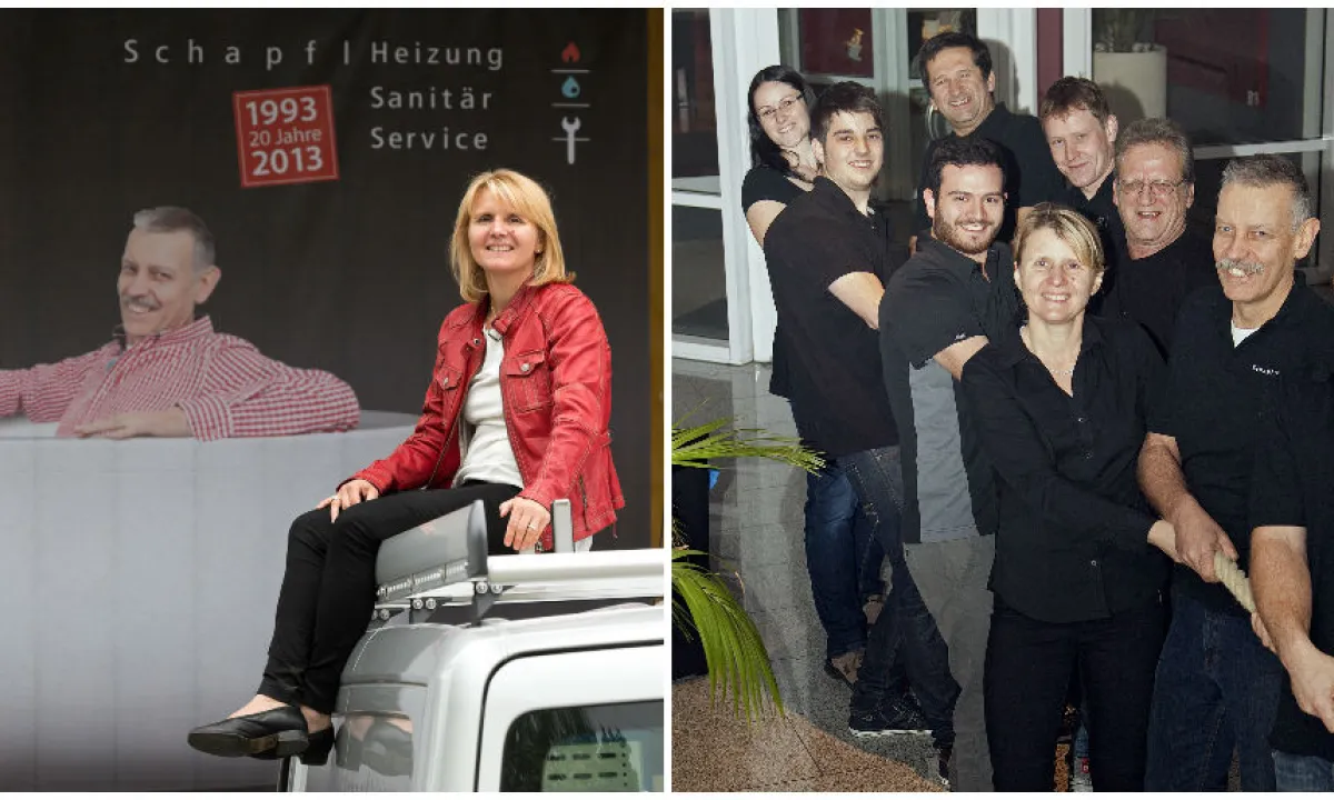 Schapfl Team vor Firmenmotiv und Servicebereich