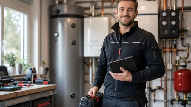 Schapfl Techniker im Heizungsraum mit Werkzeugkoffer